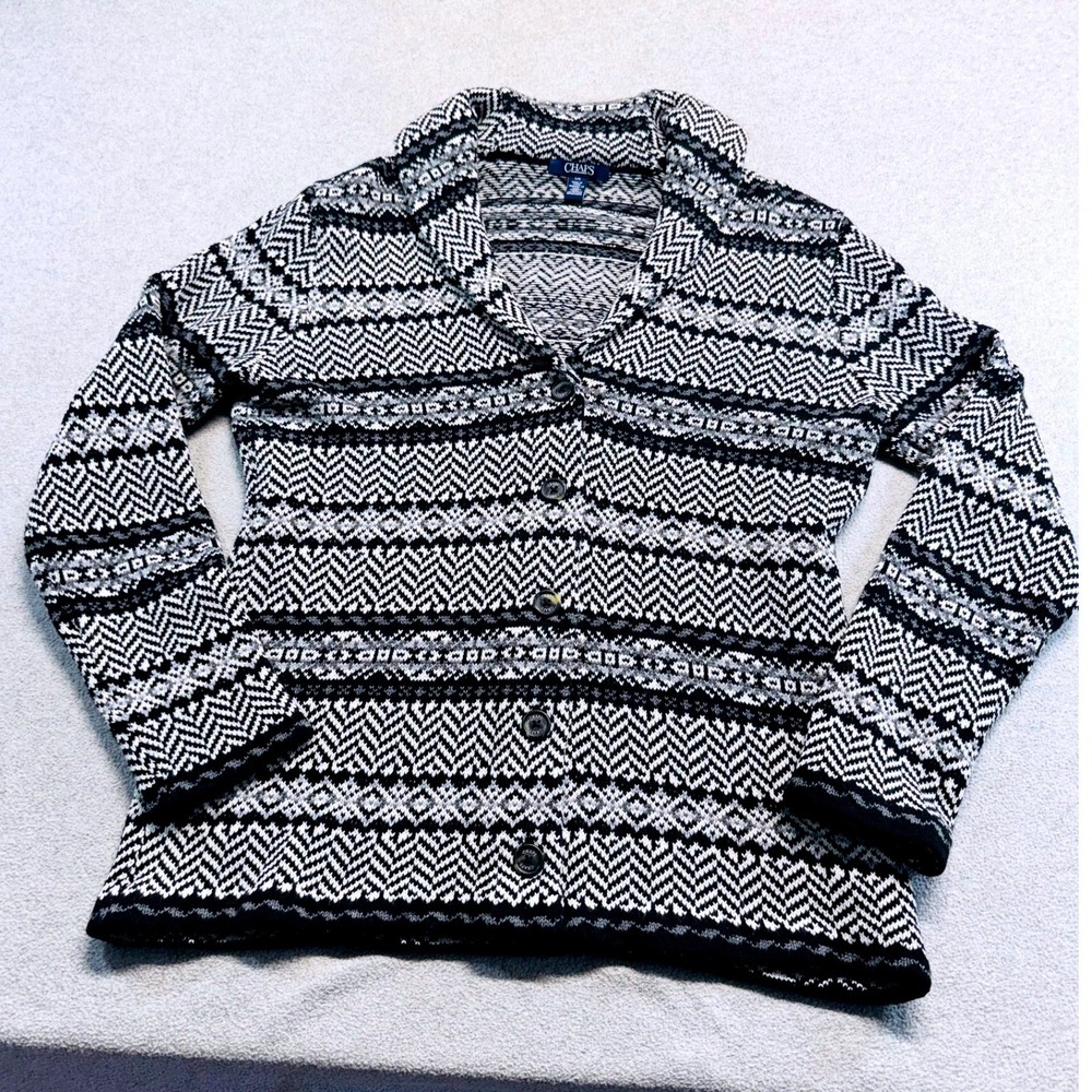 Chaps Cardigan Womens L Black White Fair Isle Shawl Collar Button Front Sweater